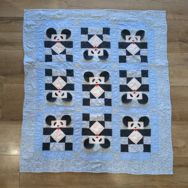Vintage Baby Handmade Quilt Panda Bears Cottagecore Handa Blue Boy Gift Blanket