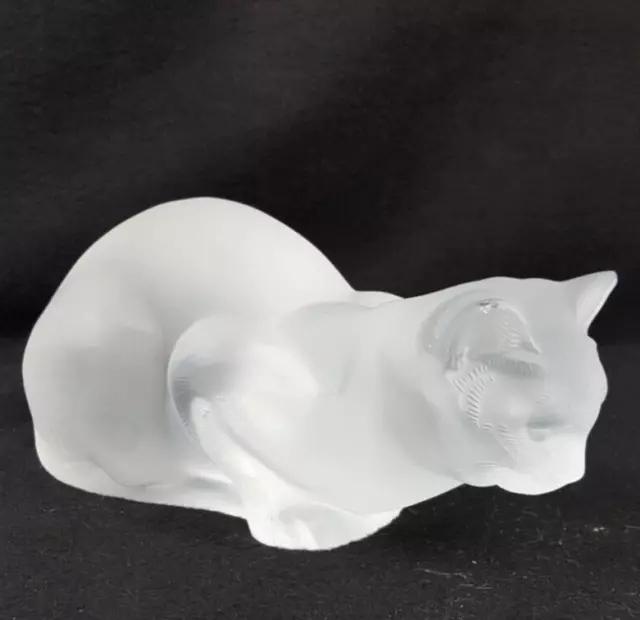 Lalique France 9" Frosted Crystal Laying Crouching Cat Chat Couche Signed VTG
