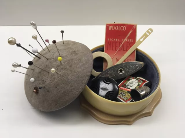 VTG Celluloid Pin Cushion Box W/Tatting Shuttle German Thimble Glass Pin Heads