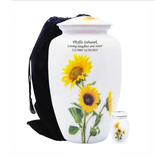 Sunflower Cremation Urn, Large Personalized Human Ash Urn with Keepsake and bags