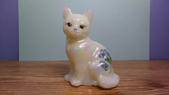 Vtg FENTON Sitting Bermese Iridescent CAT - Blue Floral Hand Painted by CA Hall
