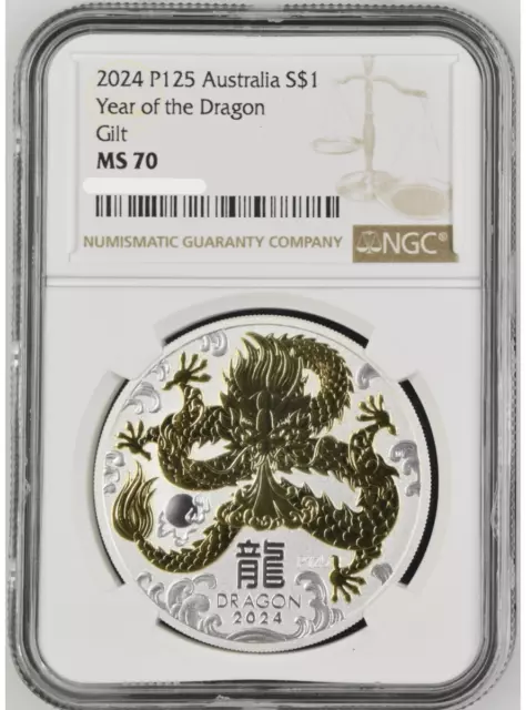 2024 Australia Lunar Year of the Dragon 1 oz Silver Coin NGC MS 70 Gilt