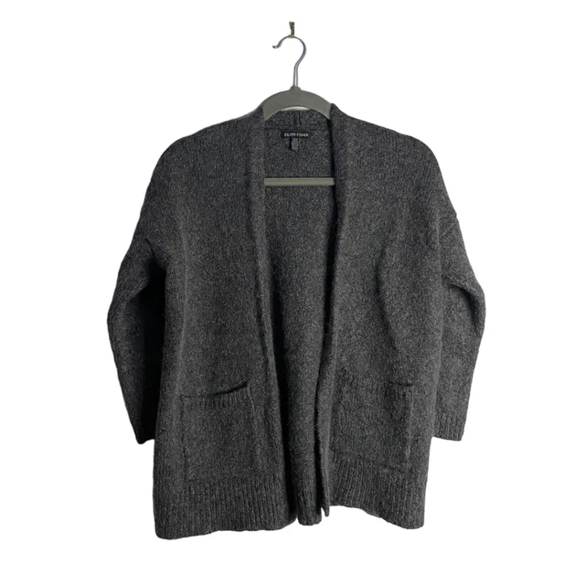 Eileen Fisher Women’s Charcoal Gray Wool Blend Open Front Cardigan Sz L