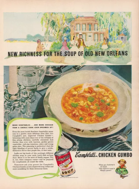 1943 Campbell's Chicken Gumbo Richness Soup Old New Orleans Vintage Print Ad