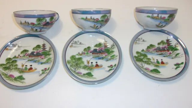 Hand Painted China Tea Cups and Saucers Set of 3 Made in Japan Blue Luster Edge