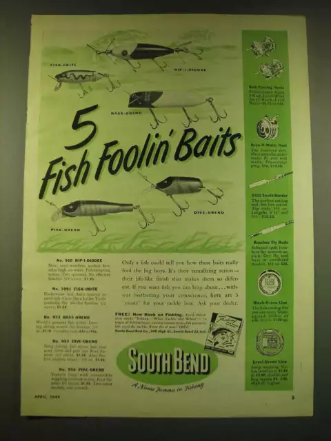 1949 SOUTH BEND Fishing Lures Ad - Fish-Obite, Nip-i-diddee, bass