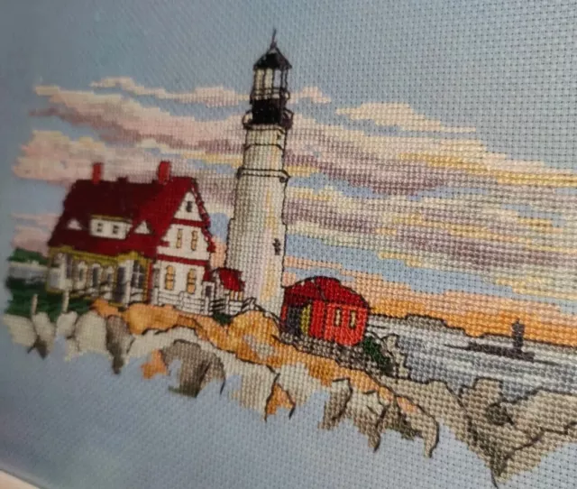 Lighthouse Completed Cross Stitch Art Portland Head MDF Wall Frame Coastal Beach