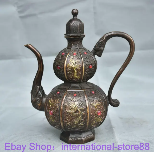 9.6" Marked Old Chinese Bronze Gems Feng Shui Dragon Phoenix Gourd Wine Pot