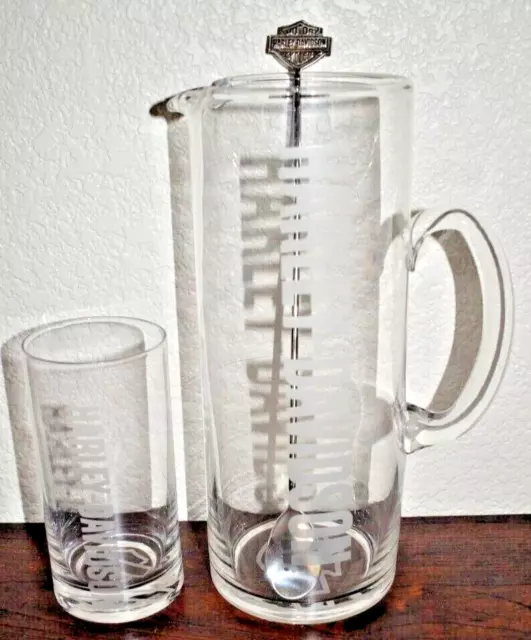 Harley Davidson Glass Pitcher w drinking Glass Engraved glass and spoon