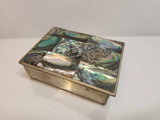 Vtg 55 Mexico Miniature Silver Tone Abalone Mother of Pearl Trinket Jewelry Box