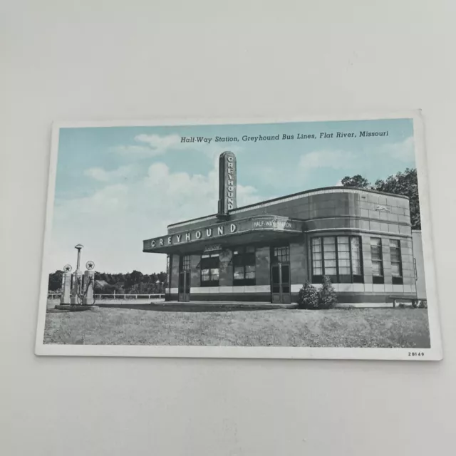 Vintage Postcard--MISSOURI--Flat River--Half-Way Station Greyhound Bus Texaco