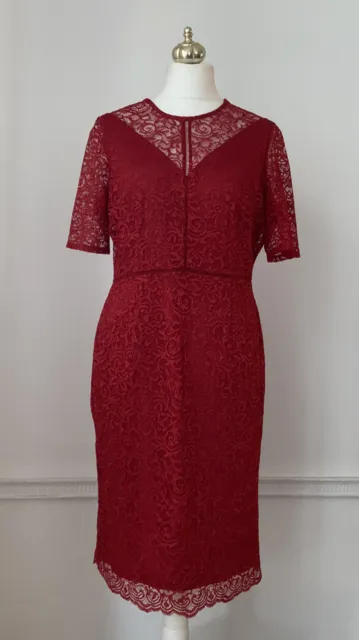Marks And Spencer Short Sleeve Red Lace Formal Tea Dress Fully Lined UK 16