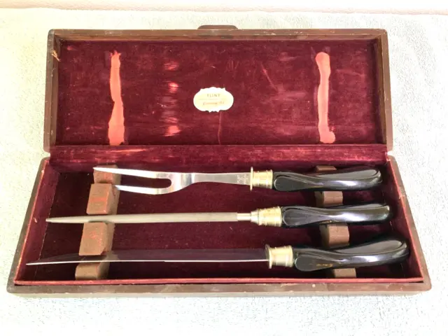 Vintage Flint ECKO Carving Set Knife Fork Sharpener with Wood Case Made in USA