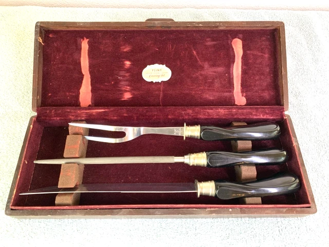 Vintage Flint ECKO Carving Set Knife Fork Sharpener with Wood Case Made in USA Vintage Flint ECKO Carving Set Knife Fork Sharpener with Wood Case Made in USA