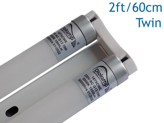 Slimline Twin 60cm / 2ft Energy-Saving LED Fitting Batten 6000K Tubes Inc T8