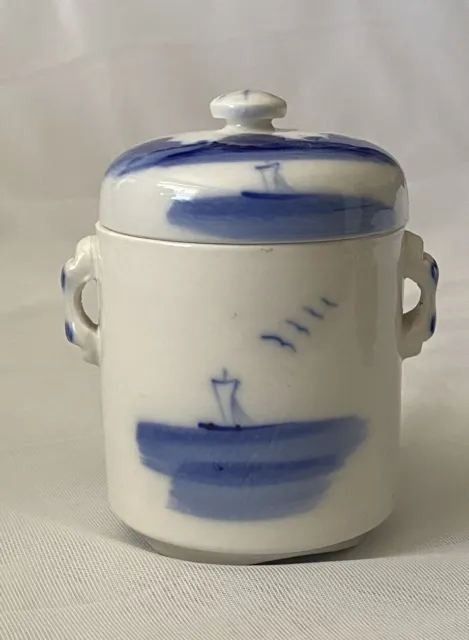 VINTG CHINESE TEA CADDY Blue White Porcelain Double Lidded Hand-painted 12cm H