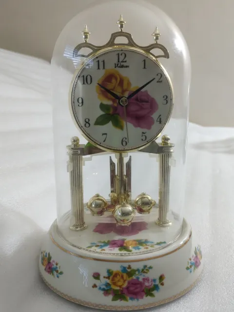 Waltham 9" Anniversary Clock  Glass Dome Westminster Chime  Porcelain Base &Dial