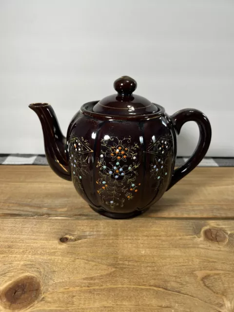 Vintage Brown Betty Redware Teapot Made in Japan Moriage Enamel Hand Painted