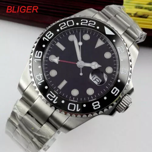 43mm BLIGER Schwarz dial Saphirglas Steel GMT Date Automatisch Uhr men's Watch