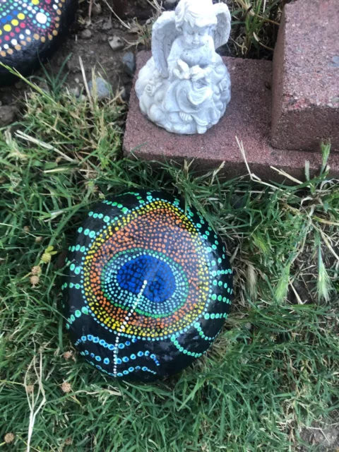 mandala peacock feather hand painted river rock , yard , garden , home, gift