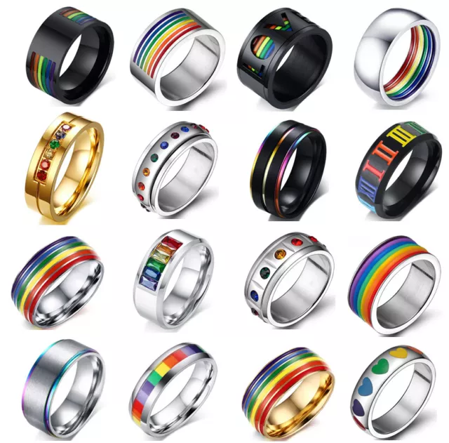 Men Women Fashion Rainbow Pride Silver Gold Titanium Steel Ring Band Collection