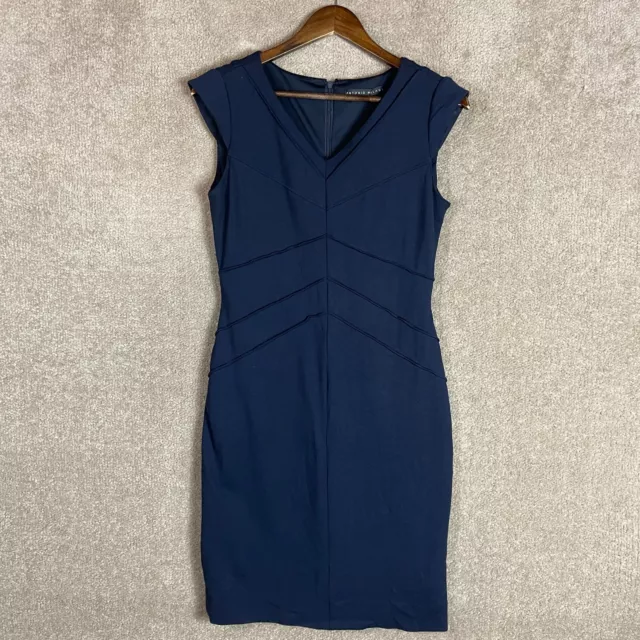 Antonio Melani Sheath Dress Womens Size 4 Navy Cap Sleeve Stretch V Neck Pleated