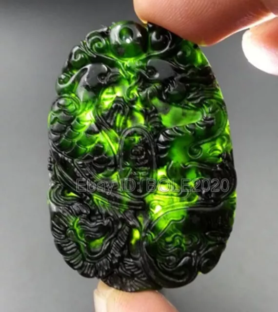 Black Green Natural Jade Carved Chinese Dragon Phoenix Pendant Necklace Jewelry