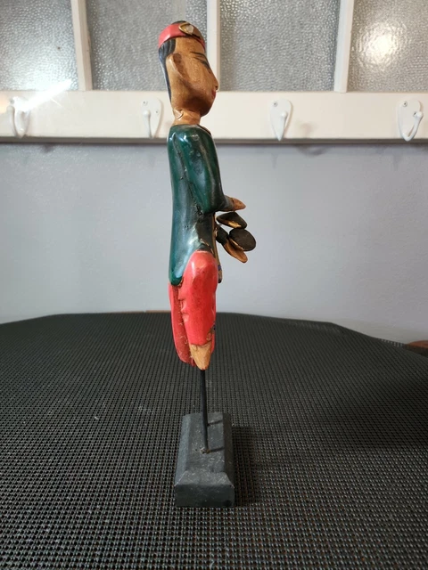 Vintage Wooden Hand Carved Painted Asian Burmese Musician Metal Stand Thailand 4
