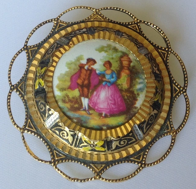 Broche Vintage Ovale Damasquinée De Tolède - Laiton Doré Et Noir - Très Bon état