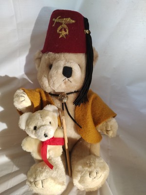 RARE VINTAGE SHRINERS Plush Bear Gold Masonic Bolo Tie And Baby Bear