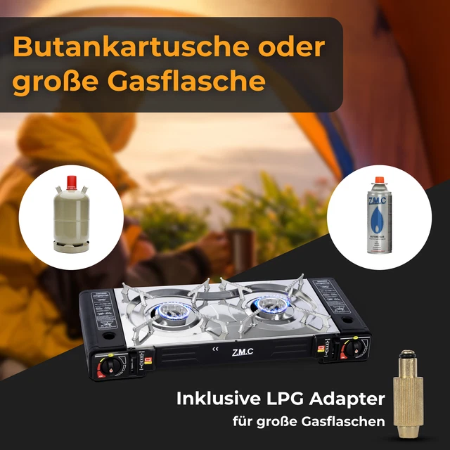 Campingkocher 2 flammig Outdoor Camping Gas Kocher Grillplatte + Gaskartuschen 2