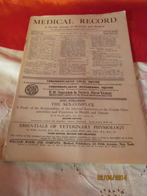 1921 Medical Record A Weekly Journal Of Medicine & Surgery William Wood No 2636