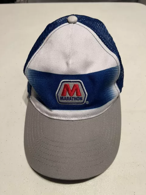 Marathon Gas Snapback Trucker Hat Cap Mesh Blue & White Logo K Product Flaw Top