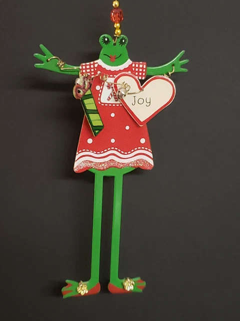 Cute Christmas Figurine Ornament 7" Tall Elongated Frog Joy Heart