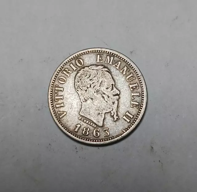 1863 M BN Italy 50 Centesimi - .835 Silver - Vittorio Emanuele II - Milan Mint