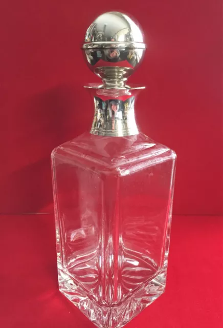 Ancienne Carafe Cristal Col Bouchon Plaque Argent Whisky Bourbon Cognac Porto