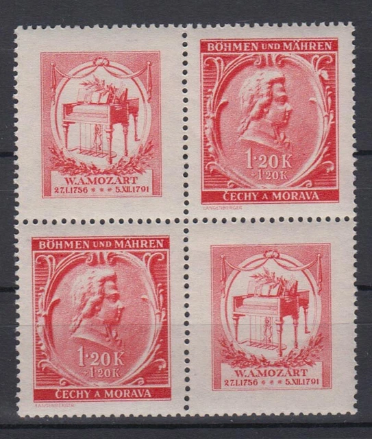 Böhmen + Mähren 81 4er Block mit 2 Zierfelder Wolfgang A. Mozart 1,20 K ** /2