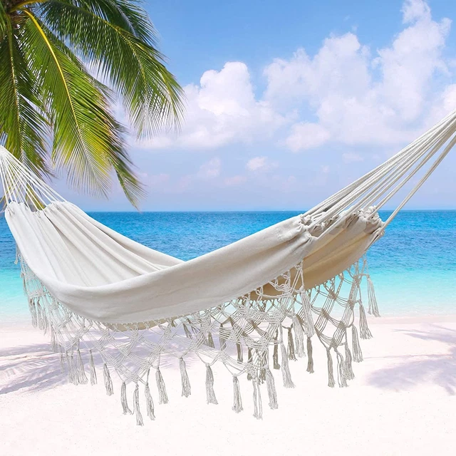 ZGLCC Cotton Hammocks-Large Brazilian Tassel Portable Boho Handmade White