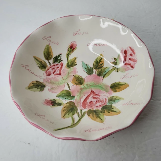 Seymour Mann Handpainted LOVE Rose Serving Bowl Pink Scalloped Edge Appx 8.5 Inc