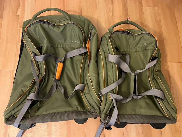 LL Bean Rolling Nylon Duffle Bag Green & Orange Carry On Luggage Set