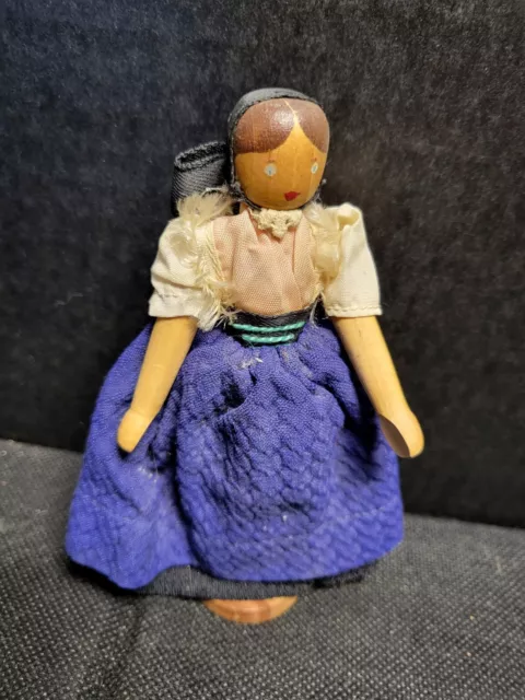Vintage 4¾"  Wooden Peg Doll Amish Girl HAND PAINTED Face