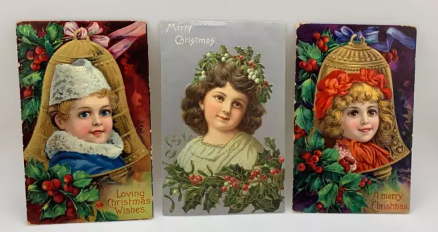 3 Victorian Ornament Boy Girl Christmas Germany Postcards 1480 c Holly Berries