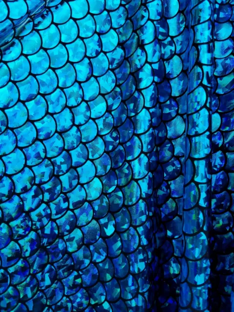 MERMAID TURQUOISE BLUE Hologram Fish Scales on Black Spandex