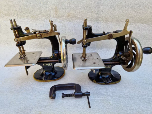 2x Vintage/almost antique Singer toy child's Sewing Machine  + 1x table clamp