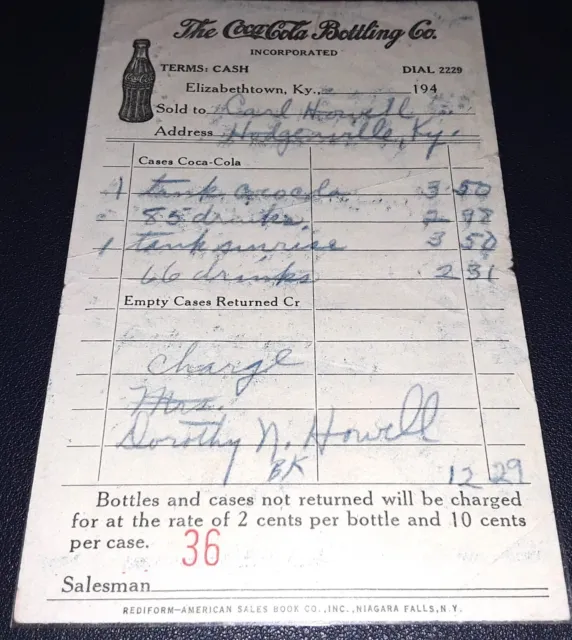 1940's Coca-Cola Bottling Company Invoice-Hodgenville, Kentucky