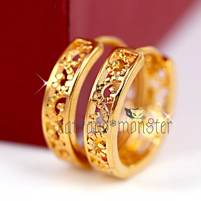 18K PLAIN GOLD GF filigree SLEEPER Solid Womens Girls HOOP HUGGIES Gift EARRINGS