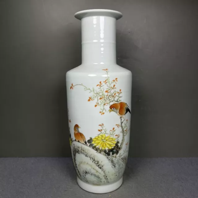 Old Chinese Republic China porcelain Color Hand Painted flower bird Vase 8419