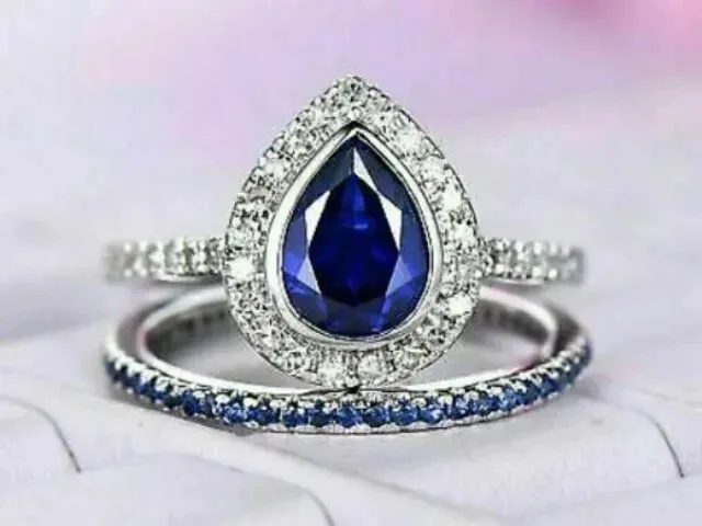 2.40CT PEAR SIMULATED Blue Sapphire Women Wedding Ring Set 14K White ...