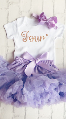 Girls 4th Birthday Four Outfit Fluffy Tutu Skirt Fourth T-Shirt/Vest Party Lilac