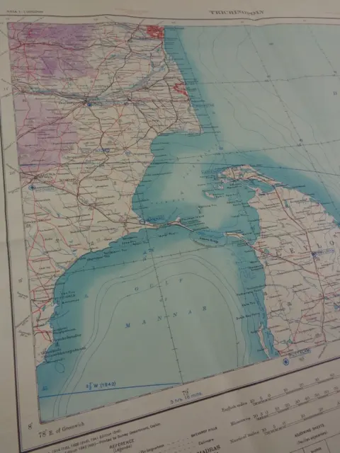 WW2 "RESTRICTED" RAF / Army map entitled "TRICHINOPOLY" (INDIA) +NORTHERN CEYLON